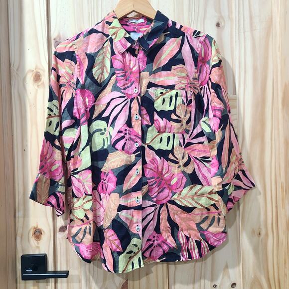 Chicos 1 No Iron Fresh Chic Linen Tropical Button Up 3/4 Sleeve Top Size 8/10 - Picture 1 of 10